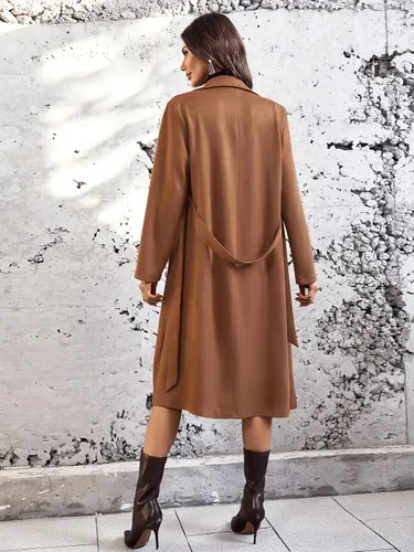 Vista 2 de CULOLA Abrigo largo de gamuza sintética con cuello de solapa y cinturón para mujer, abrigo largo con botones frontales, chaqueta para otoño e