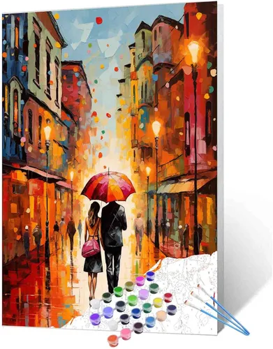Vista 21 de Kits de pintura romántica por números para parejas con pinceles y pigmento acrílico sobre lienzo para adultos, niños y niñas bajo un paraguas
