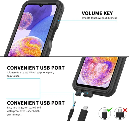 Vista 4 de Funda impermeable para Samsung Galaxy A23 5G, con protector de pantalla y cordón integrado, a prueba de polvo, a prueba de golpes, resistente