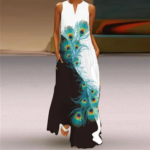 Vista 2 de AKSODJF Vestido largo de verano para mujer, vestido sin mangas de lino y algodón para verano, holgado, cuello redondo, maxi vestidos fluidos