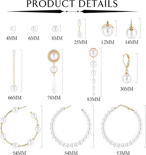 Vista 2 de UBGICIG 13 pares de aretes de perlas para mujer, aretes de aro de perlas ligeros, aretes de perlas circulares, aretes colgantes largos de perlas