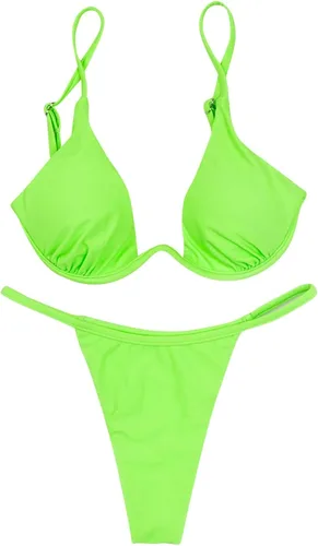 Vista 3 de Conjunto de bikini triangular para mujer, de corte alto, con lazo lateral, de 2 piezas, con lunares, con cordón halter