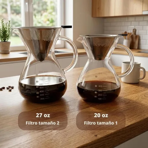 Vista 9 de Cafetera vertida, jarra de vidrio de borosilicato de 20 onzas (20.3 fl oz), filtro de acero inoxidable reutilizable, gotero sin papel