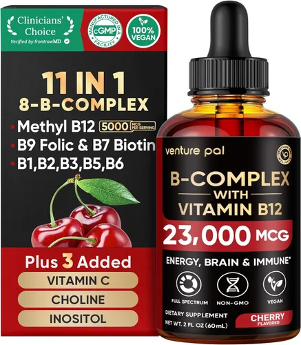 Vista 11 de Venture Pal Vitamina B Complex Liquid Drops, B12 Metilcobalamina B9 Fólico B1, B2, B3, B5, B6, B7 - Vitamina C, colina, inositol, metabolismo