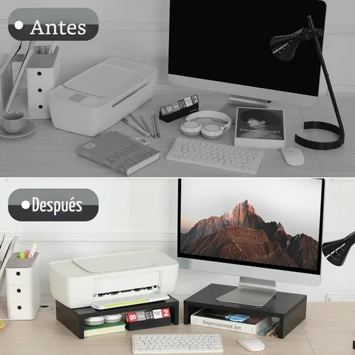 Vista 6 de TEAMIX Soporte elevador para monitor de madera, paquete de 2 unidades, soporte ajustable de 2 niveles, elevador de monitor doble para 2 Negro