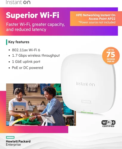 Vista 10 de Punto de acceso inalámbrico HPE Networking Instant On Access Point AP22 2x2 WiFi 6 Interior Largo alcance, seguro, soporte de malla inteligente