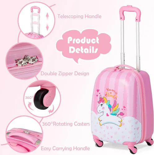 Vista 4 de BABY JOY Juego de equipaje para niños de 2 piezas, maleta de mano de 16 pulgadas y mochila de 12 pulgadas, estuche de viaje para niños con 4 ruedas