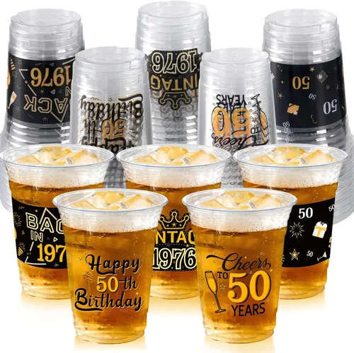 Vista 10 de 50 Piezas Vasos de Plástico para Fiesta de Cumpleaños 40 a Granel, 16 Oz Vasos de Beber Desechables de Plástico Transparente Negro Dorado