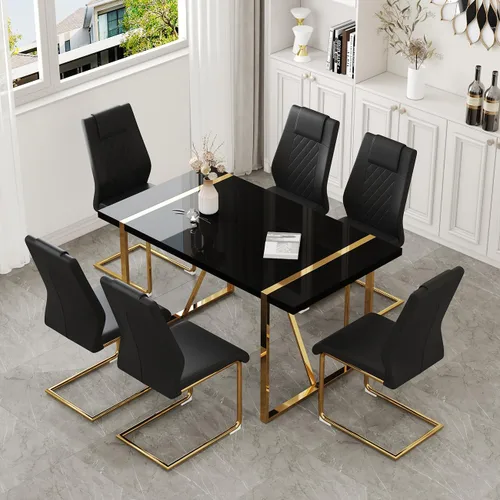 Vista 9 de Juego de mesa de comedor moderna de 55 pulgadas para 4, mesa de comedor negra y marco de metal dorado, mesa de comedor rectangular con 4 sillas