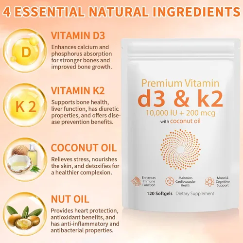Vista 4 de Daiasns Vitamina D3 K2 10000iu apoya la salud muscular y cerebral - Suplemento D3 K2 de alta potencia que ayuda en el apoyo inmunológico
