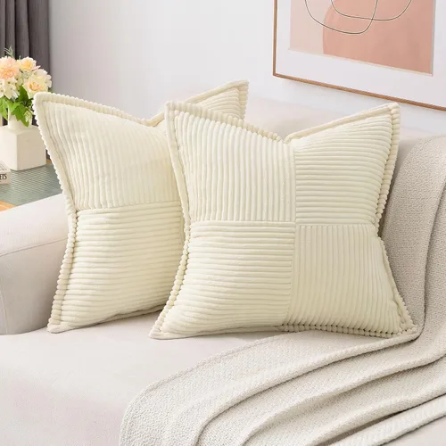 Vista 44 de HAUSSY Paquete de 2 fundas de almohada de 16 x 16 pulgadas, fundas decorativas de pana suave, estilo bohemio, a rayas, sólidas, decoración