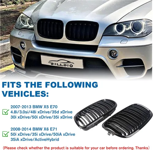Vista 4 de Parrilla de riñón para parachoques delantero, color negro brillante, compatible con BMW X5 E70 X6 E71 2007-2014 doble listón doble línea
