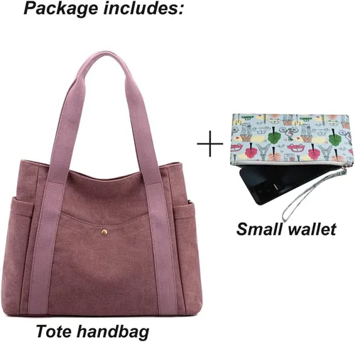 Vista 2 de Bolso de lona para mujer, multibolsillo, estilo retro, casual, con asa superior, bolso de mano