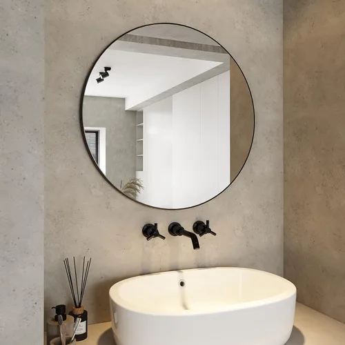 Vista 9 de Espejo de montaje en pared para baño, marco de metal negro, esquina redondeada, espejo de tocador de baño, espejo colgante decorativo, para sala