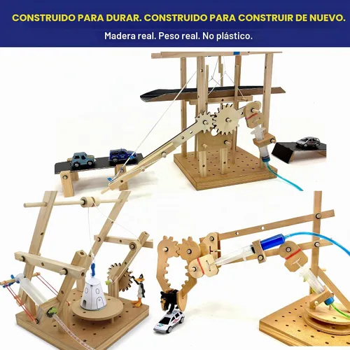 Vista 5 de PATHFINDERS Juego de ingeniería: kit de construcción STEM de madera real Hidráulica, engranajes, palancas y poleas 10 desafíos + 15 tarjetas