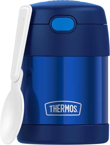 Vista 2 de THERMOS FUNTAINER - Tarro de comida para niños aislado al vacío de acero inoxidable de 10 onzas con cucharas plegables, azul marino y morado