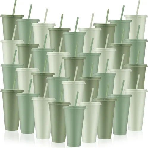 Vista 26 de Skylety - 12 vasos de plástico con purpurina azul con tapas y pajillas, 24