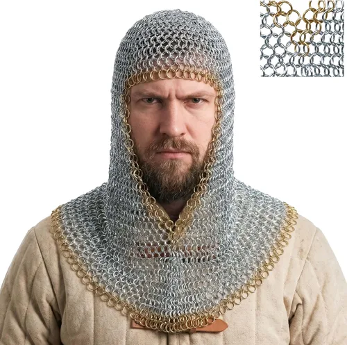 Vista 12 de Coif de malla medieval caballero renacentista armadura de malla capucha vikinga LARP 16 calibre Negro