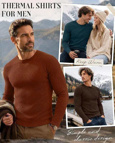 Vista 3 de Paquete de 5 camisas térmicas de algodón para hombre, manga larga, acanaladas, cuello redondo, ajustadas, suéter casual
