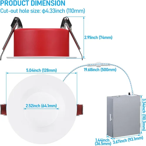 Vista 6 de TORCHSTAR Luz empotrable LED empotrable de 4 pulgadas, 5CCT antideslumbrante empotrable con deflector empotrado, clasificación IC, 2700K-5000K