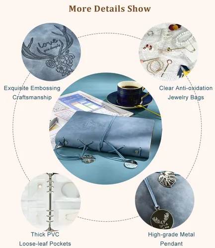 Vista 6 de Libro de almacenamiento de joyas, organizador de joyas de viaje de piel sintética con bolsillos anticaídas, folleto portátil para aretes con bolsas