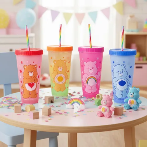 Vista 13 de Silver Buffalo Care Bears Corazones y Estrellas Juego de 4 Vasos de Plástico Cambian de Color con Popotes de Espiral Arcoíris con Tenderheart