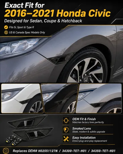 Vista 2 de Luz LED Blanca con Lente Ahumada para Marca Lateral Delantera Compatible con Honda Civic 10ª Generación 2016-2021 Sedán Coupé Hatchback