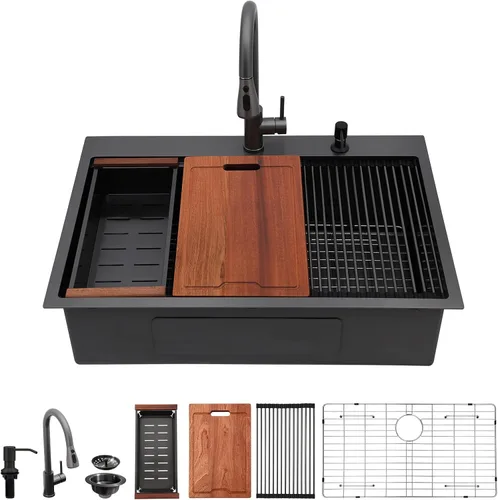 Vista 16 de Lordear - Estación de trabajo de fregadero de cocina al aire libre con grifo extraíble de 21" x 20", fregadero de barra de preparación de 16 Acero