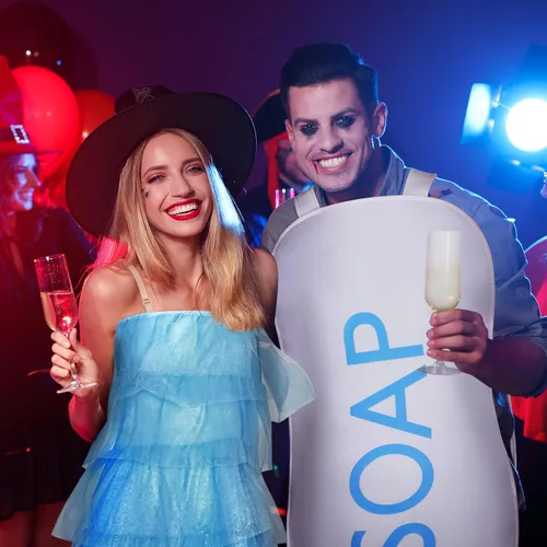 Vista 2 de Jenaai Juego de 3 piezas de disfraz de esponja de jabón para adultos, traje de burbujas a juego para parejas, disfraces de Halloween para adultos