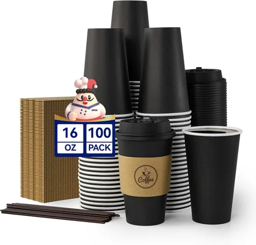 Vista 11 de JOLLY CHEF - Tazas de café de 10 onzas con tapas, mangas y agitadores, 100 Negro-10oz