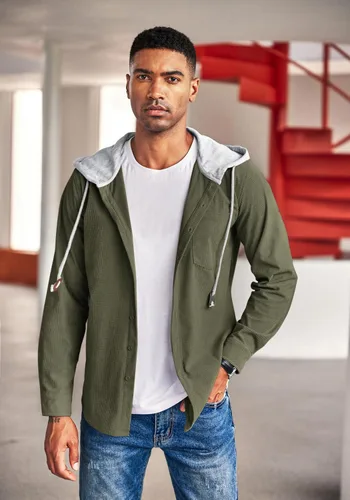 Vista 2 de COOFANDY Chaqueta de pana para hombre, manga larga, con botones, casual, elegante, con capucha, con bolsillo