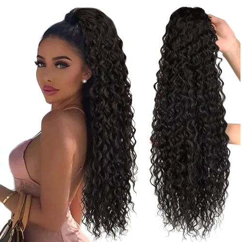 Vista 11 de Extensiones de cola de caballo de color marrón oscuro, extensiones de cabello humano real rizado con cordón, extensiones de cabello humano real
