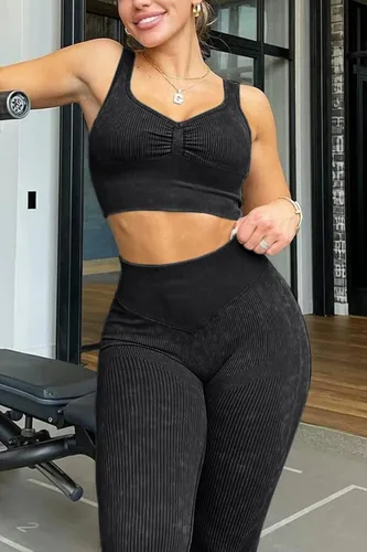Vista 4 de Mulisky Conjuntos de entrenamiento de 2 piezas para mujer acanalados sin costuras cintura alta leggings a juego gimnasio yoga
