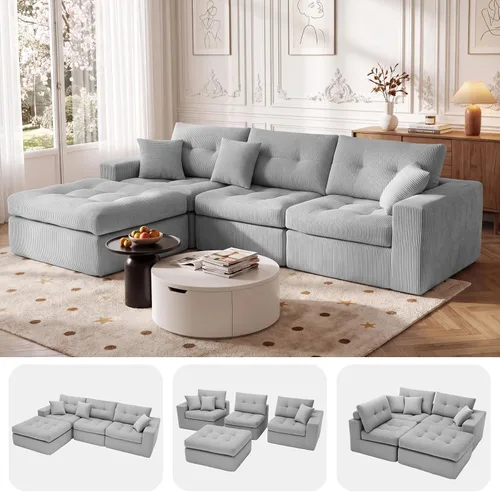 Vista 26 de Sofá modular en forma de L de 114 pulgadas con diván, sofá de pana sin hueso con otomana móvil, sofás de asiento profundo para sala de estar, sin