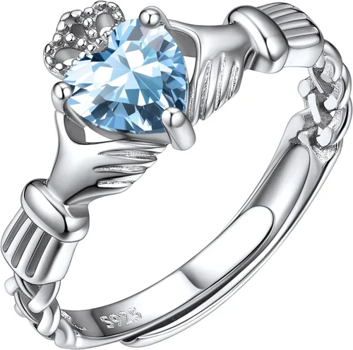 Vista 10 de ChicSilver Anillo de promesa de plata de ley 925 con nudo celta/corazón Claddagh en forma de corazón con piedra natal para mujer