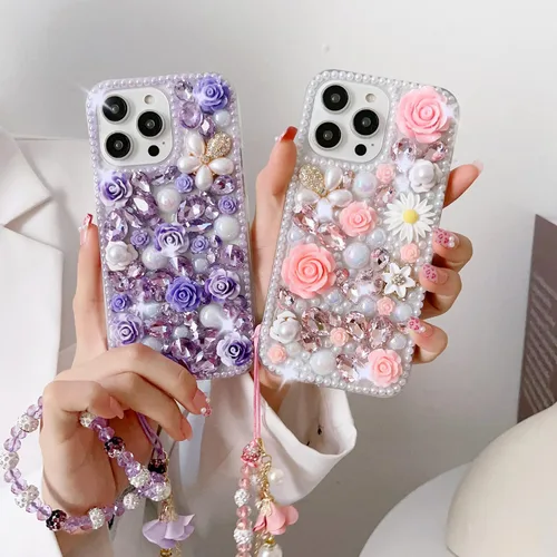 Vista 7 de para iPhone 14 Pro - Funda con Purpurina y Diamantes de Imitación, de Lujo, con Cristales Brillantes, Flores de Rosa, Perlas Florales, Pulseras