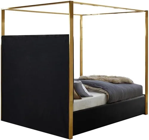 Vista 6 de Meridian Furniture JonesBlack-Q Jones Collection Modern Cama Queen tapizada contemporánea, terciopelo negro, acolchado de canal, marco de latón