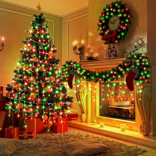 Vista 3 de Luces de carámbano de 33 pies para exteriores, luces de Navidad rojas y verdes para exteriores e interiores, 400 luces LED con 75 caídas