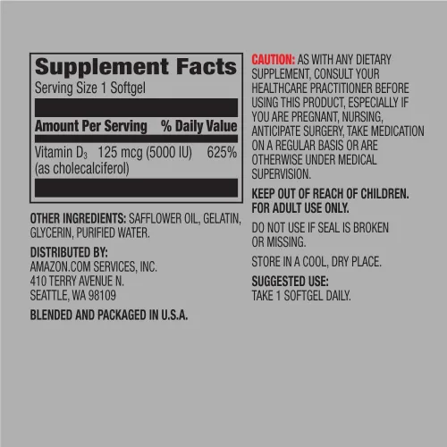 Vista 3 de Amazon Elements Vitamina D3, 5000 UI, 180 cápsulas blandas, suministro para 6 meses y biotina 5000 mcg, vegano, 130 cápsulas