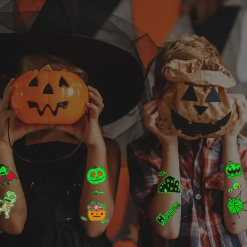 Vista 6 de CHARLENT Tatuajes temporales luminosos de Halloween para suministros de fiesta de niños, 120 estilos que brillan en la oscuridad de Halloween