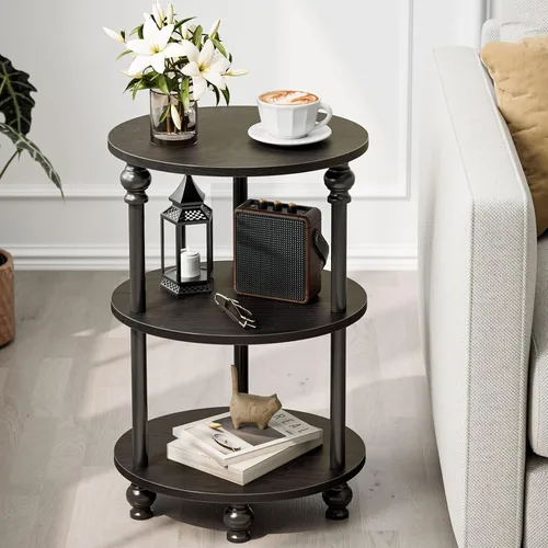 Vista 12 de Mesa auxiliar redonda pequeña – Mesa decorativa ovalada de 3 niveles para espacios pequeños, mesa auxiliar de sofá de madera rústica y metal, mesita