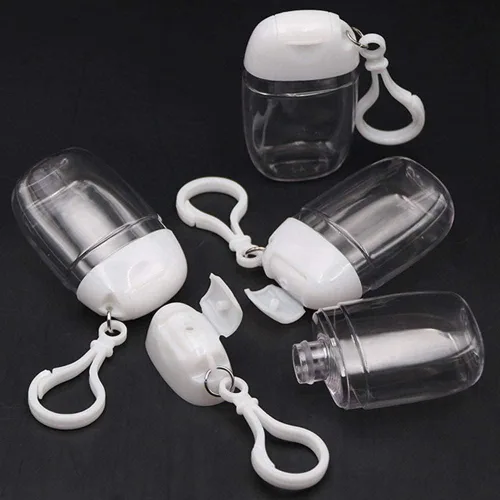 Vista 3 de 10 botellas vacías transparentes de 1 onza y 1.0 fl oz para desinfectante de manos, soporte de viaje, gancho para llavero, tapa abatible blanca