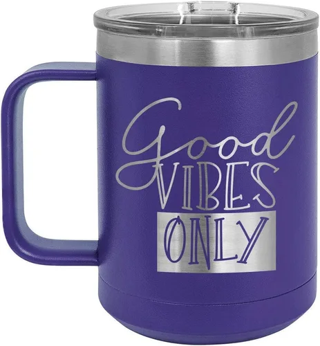 Vista 15 de Good VIBES SOLO Taza de café de 15 oz con tapa superior deslizante Taza de café de viaje aislado Ideas de regalo de cumpleaños o Navidad de Negro
