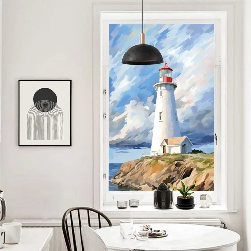 Vista 6 de Película de privacidad para ventana de faro blanco retro, estilo costero, acuarela abstracta, vitrales, película de adherencia estática para tiendas