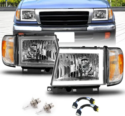 Vista 8 de AmeriLite para camioneta Toyota Tacoma 2WD 1997-2000, faros delanteros de tubo LED negros de repuesto + juego de luz de esquina - lado del pasajero