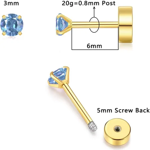 Vista 15 de 3mm Tiny CZ Flat Back Stud Earrings,14K Gold Small Screw on Cubic Zirconia Earrings for Cartilage Helix Tragus Piercing Jewelry Gift for Women Girls