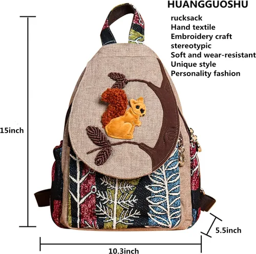 Vista 100 de HUANGGUOSHU Mochila de algodón tejida de algodón bohemio con bordado de lona estilo bohemio con múltiples bolsillos retro linda mochila cartera