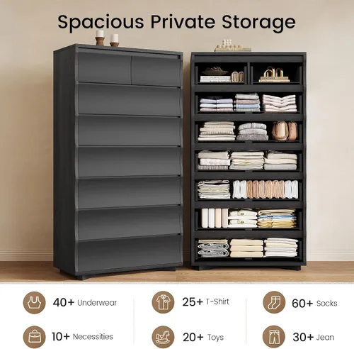 Vista 13 de Cómoda alta negra para dormitorio, cómoda de 61.1" de alto con 8 cajones, cómodas de madera y cómodas con cajones, organizadores de cajones Negro