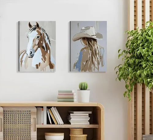 Vista 5 de 2 piezas de arte de pared enmarcado de vaquera occidental con sombrero chica vaquera y caballo, impresión en lienzo, póster, pintura al óleo
