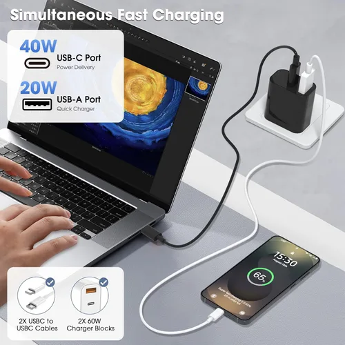Vista 4 de Cargador para iPhone 17/16/15 Pro/Pro Max, cargador de pared USB-C de doble puerto con PD 40 W y carga rápida QC 20 W, cable USB-C de 10 pies